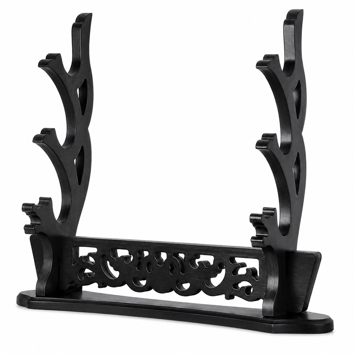 Support de katana à poser en bois noir ajouré, trois berceaux superposés et base sculptée en volutes