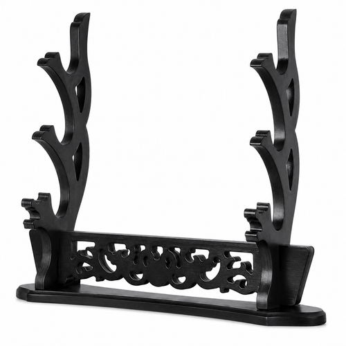 Support de katana à poser en bois noir ajouré, trois berceaux superposés et base sculptée en volutes