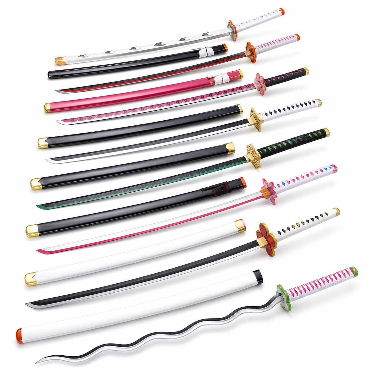Onze répliques de katana alignées, poignées tressées et gardes aux couleurs de personnages différents