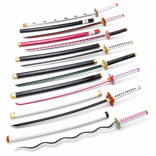 Onze répliques de katana alignées, poignées tressées et gardes aux couleurs de personnages différents