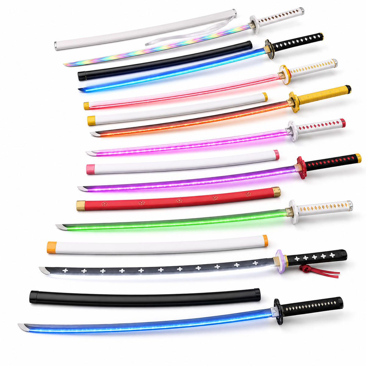 Treize katanas à lame LED alignés, lames éclairées en bleu, rose, vert, violet et orange
